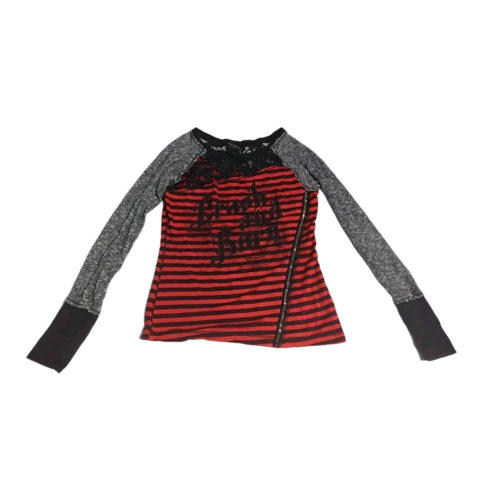 Vtg Crash and Burn Red Striped Lace Top Womens L Y2K Indie Sleaze Grunge Emo